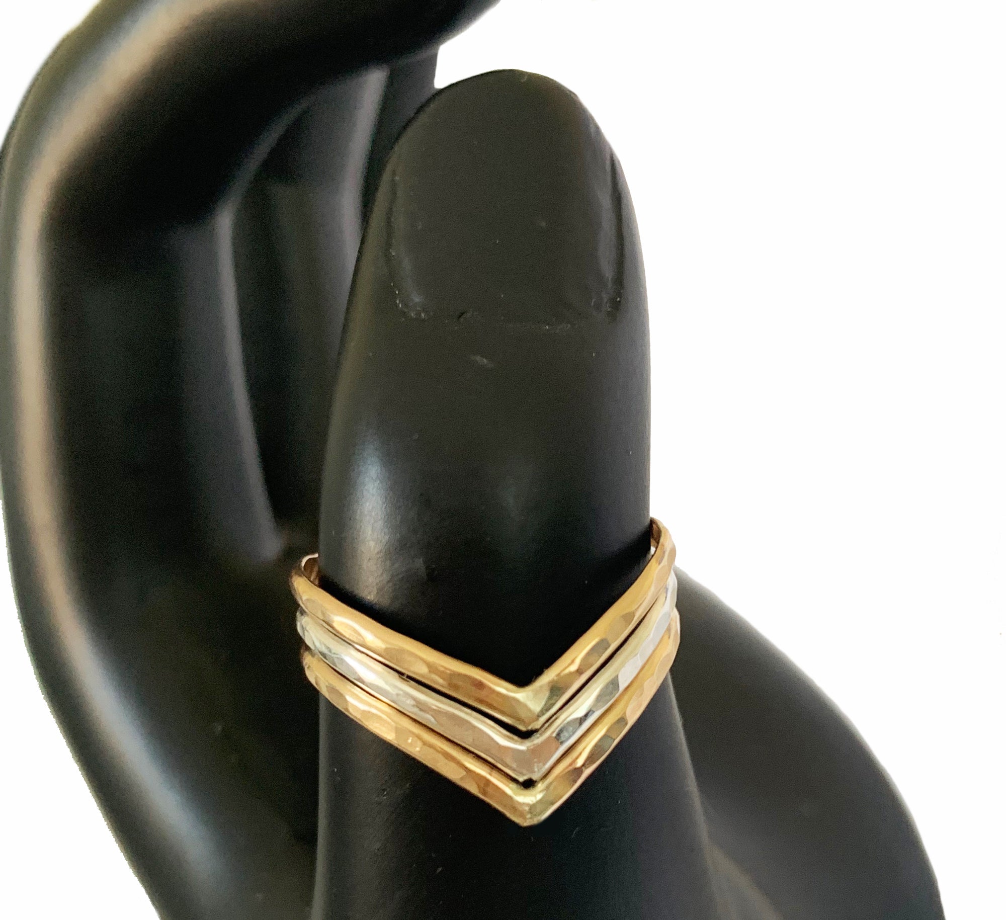 Triple Hammered Chevron Mixed Metal Thumb Ring Shown as Thumb Ring