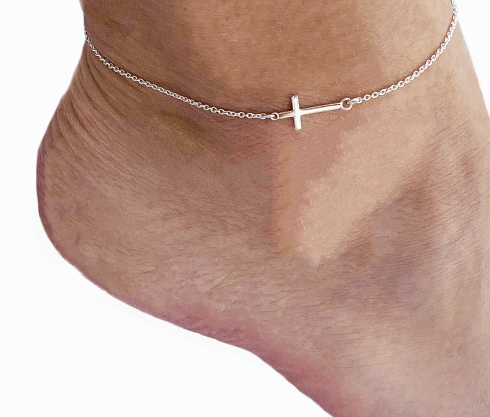 Sideways Cross Sterling Anklet shown on a model