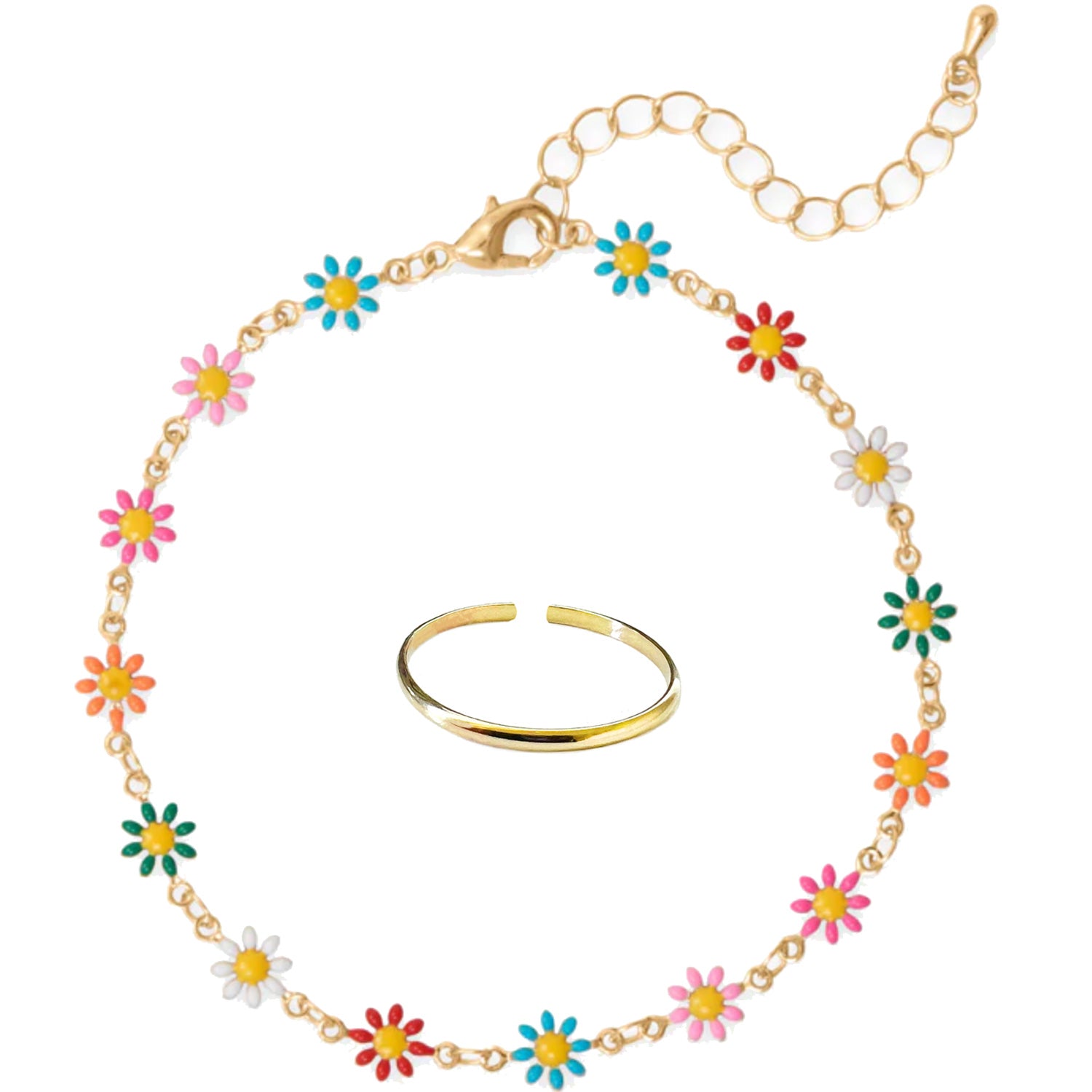 Daisy Colorful Anklet and 1mm Band Toe Ring Gift Set