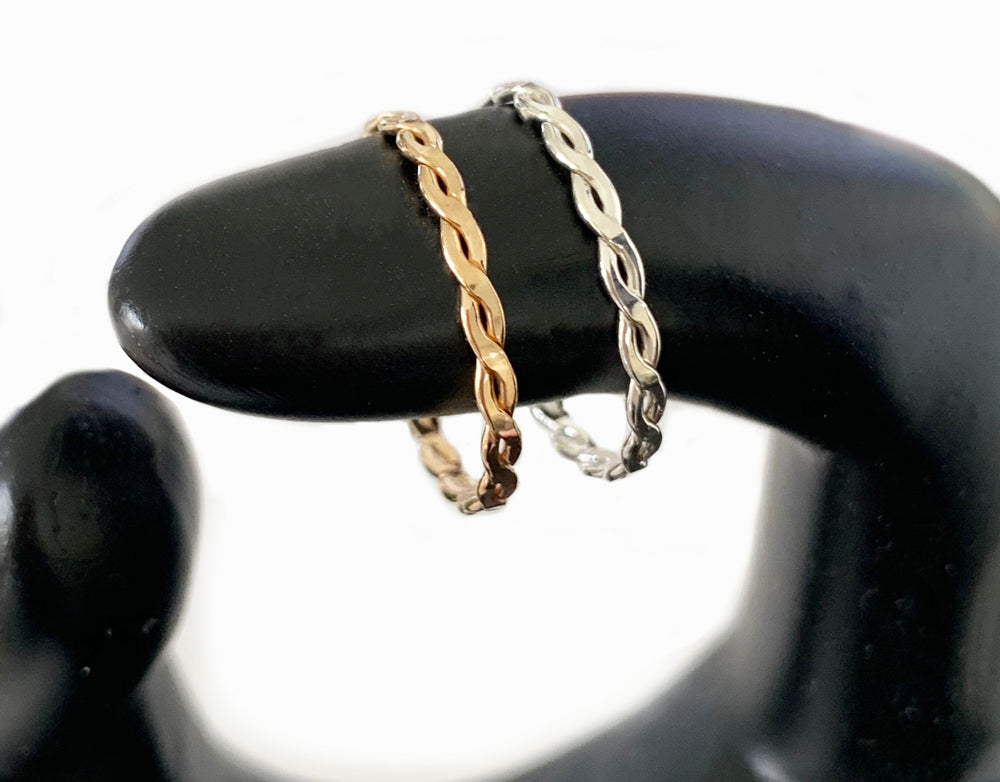 Braid Skinny Toe Ring shown in sterling and 14k gold fill on a model
