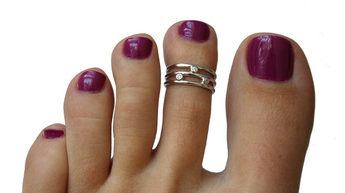 CZ Triple Strand Sterling Adjustable Toe Ring on a model