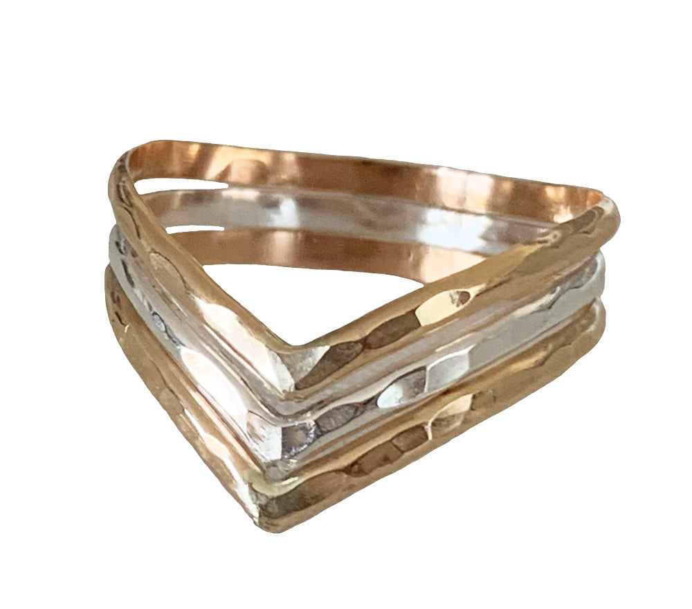 Triple Chevron Mixed Metal Hammered Ring 8